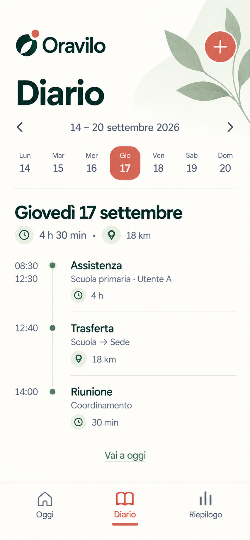 Diario settimanale Oravilo con attività e trasferte