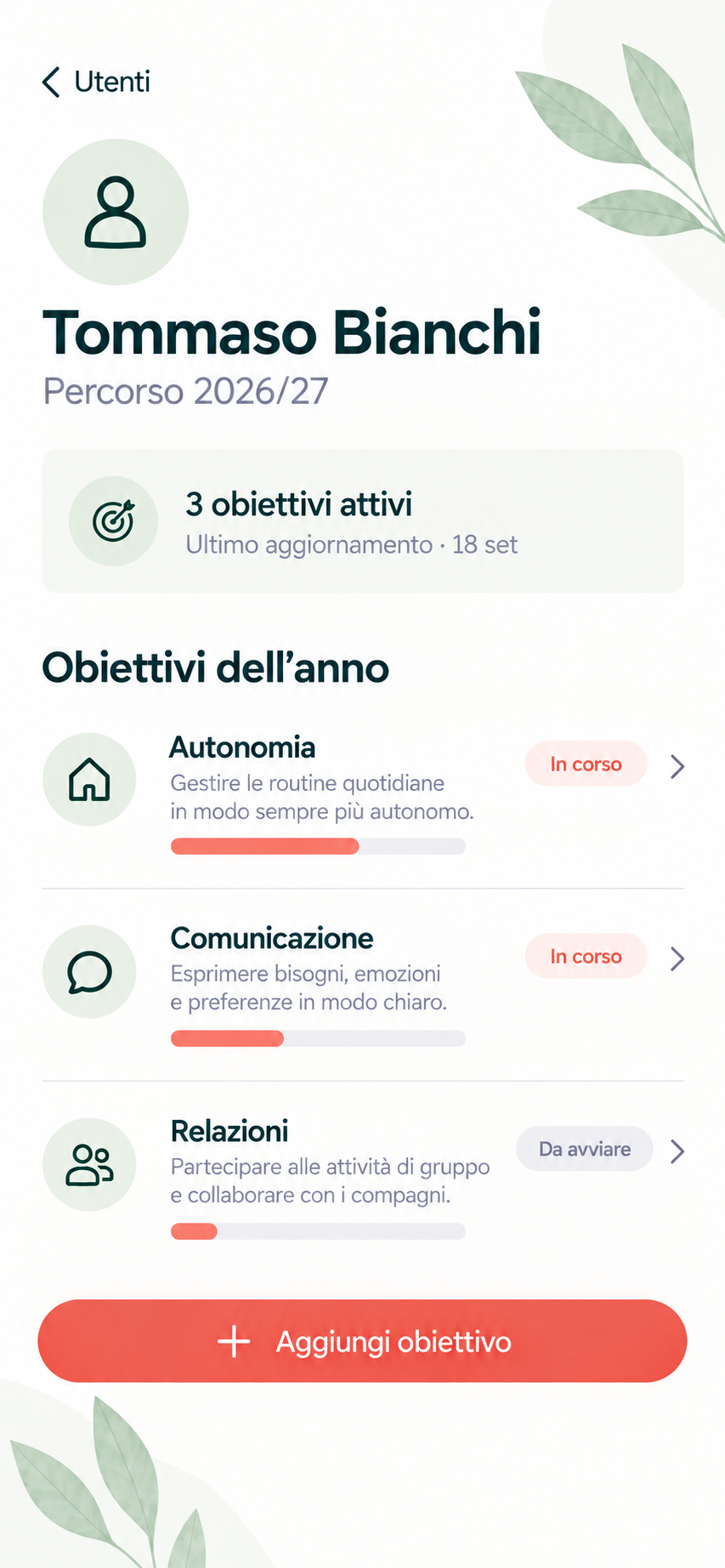 Scheda obiettivi annuali di un assistito in Oravilo